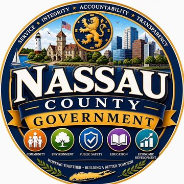 Nassau County Government emblem highlighting community and development values.