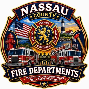Emblem of Nassau County Fire Departments with fire trucks and firefighters.