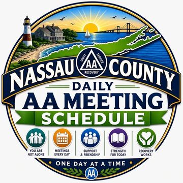 Nassau County AA meeting schedule logo with scenic coastal design.