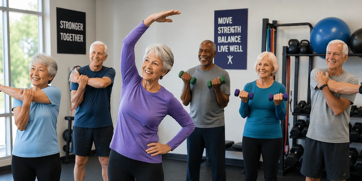 A group of older adults exercising together in a gym.