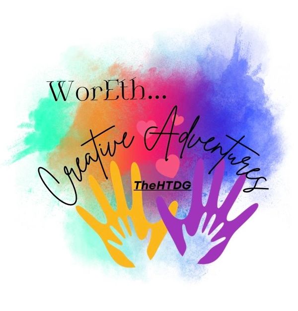 "WorEth... Creative Adventures TheHTDG" text with colorful handprints and watercolor background.
