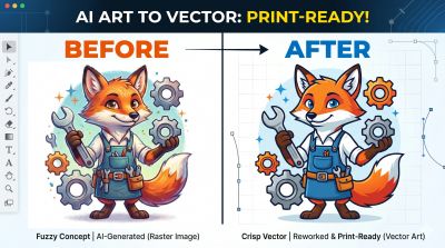 Comparison of fuzzy AI art and crisp reworked vector art of a cartoon fox mechanic.