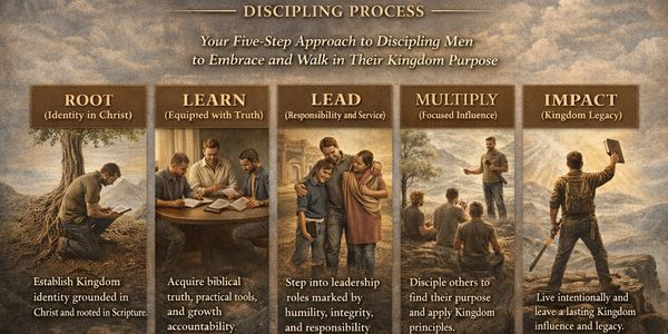 Five-step discipling process for men to embrace their Kingdom purpose through Christ and leadership.