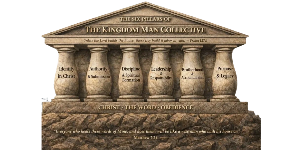 The six pillars of The Kingdom Man Collective represented on stone columns.