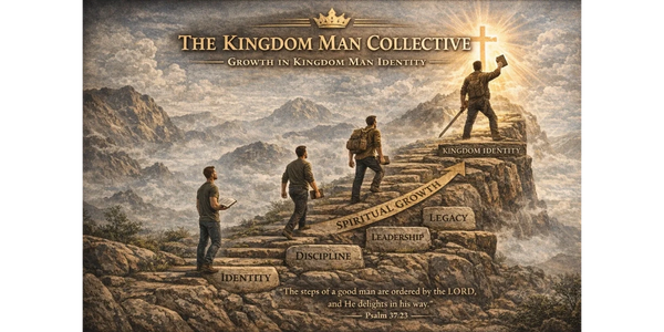 A man climbs steps labeled with spiritual growth stages toward a glowing cross.