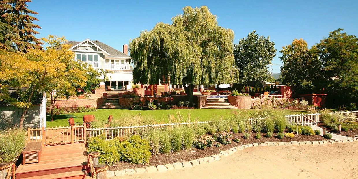 Waterfront landscaping. Backyard landscape.