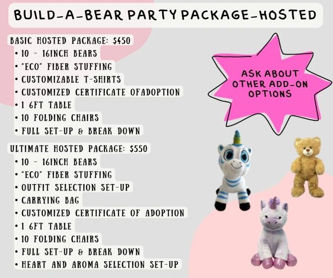 Build-A-Bear party package options and prices.