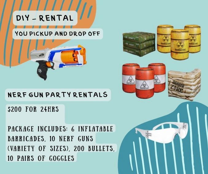 Nerf gun party rentals with inflatable barricades and goggles for $200/24hrs.
