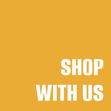 Bold text saying 'SHOP WITH US' on a mustard yellow background.