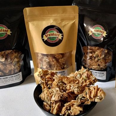 Organic brain-boosting seed clusters in eco-friendly packaging.