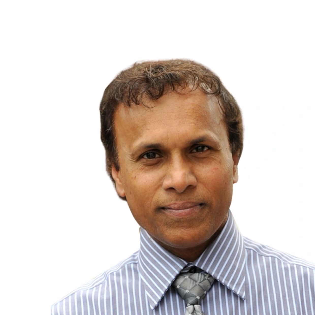 a man with dusky skin, wearing a stripped white and blue shirt and a tie 