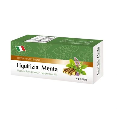 Box of Liquirizia Menta dietary supplement with licorice root and peppermint oil.