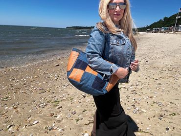 Genuine Leather & Denim Patchwork Upcycled Tote Bag 