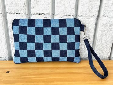 Two-Toned Checkered Upcycled Denim Wristlet