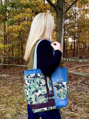 Green Camo Print & Denim Upcycled Tote Bag