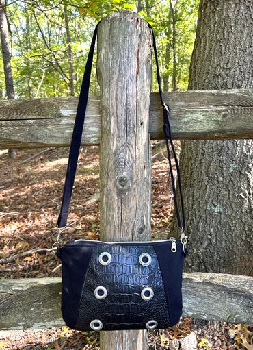 Black Faux Leather & Denim Crossbody Bag With Silver Grommet Accents