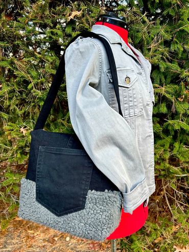Grey Faux Sherpa & Black Levi’s Denim Shoulder Bag