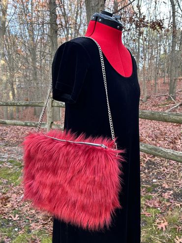 Crimson Red Faux Fur Shoulder Bag with Silver-Tone Chain Strap