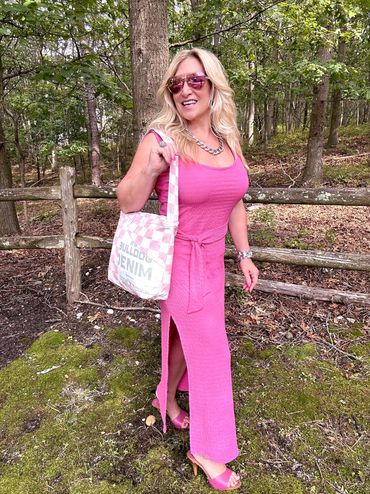 Pink & White Checkered Denim Upcycled Shoulder Bag 