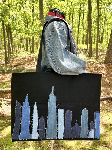 New York City Skyline Denim Upcycled Tote Bag