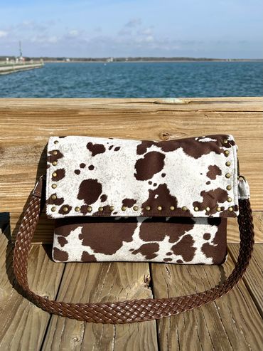 Holstein Brown Cow Print Shoulder Bag with Rivet Accents