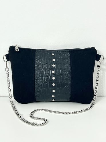 Faux Leather & Denim Shoulder Bag With Rhinestone Crystal Rivets