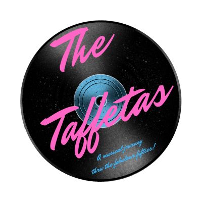 Logo of The Taffetas with pink and blue text on a black record background.