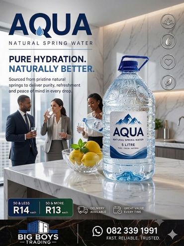 Aqua natural spring water promotes pure hydration with a 5-litre bottle, shown in an office setting.