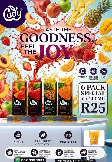 Cudy fruit juices in peach, apple, pineapple, and orange flavors with real fruit goodness.