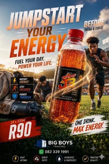 Energy drink ad showing a bottle and an athlete transitioning from tired to energized.