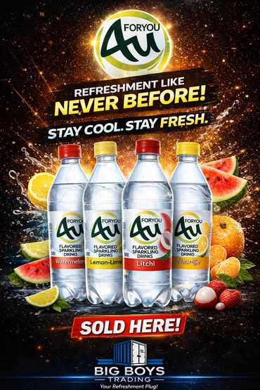 Four flavored sparkling drinks with fruits and bold text about refreshment.