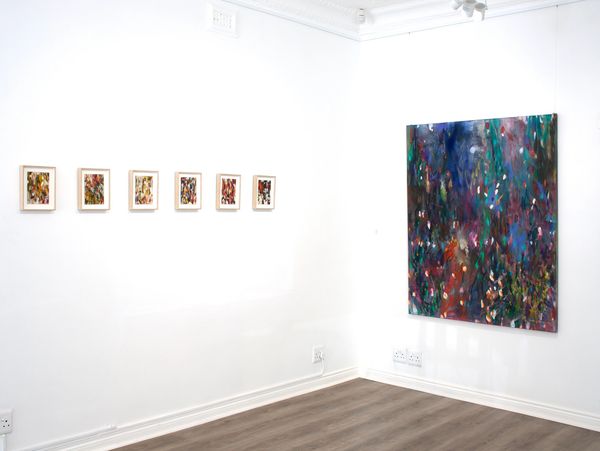 Installation shot of 7 oil on canvas works by artist Hedwig Barry. 