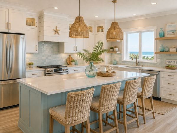 Bright kitchen with wicker stools and blue island.