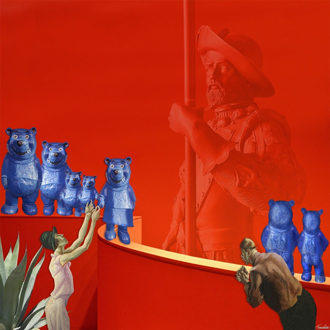 Photomontage by photo artist Marvin Berk of Blue Bears with Don Quixote looking on.