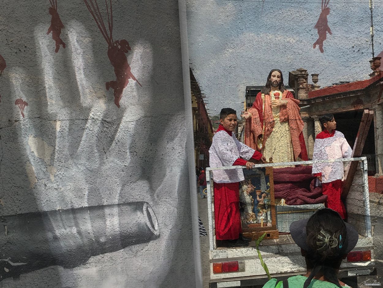 Marvin Berk, Christians vs war. photomontage, 2020, San Miguel de Allende.