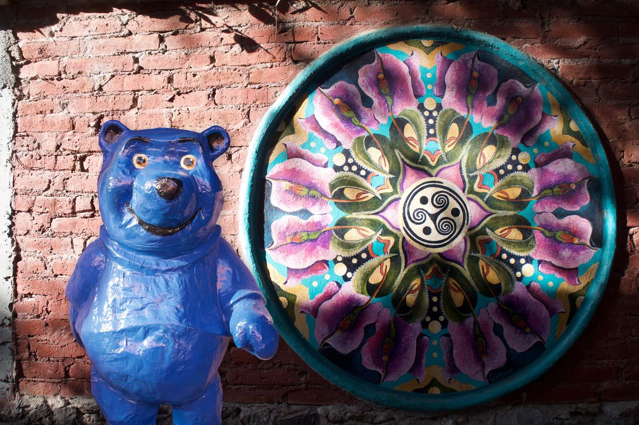 Amusing photomontage by photographer and artist Marvin Berk of Blue Bear next to Mandala on the Rinc