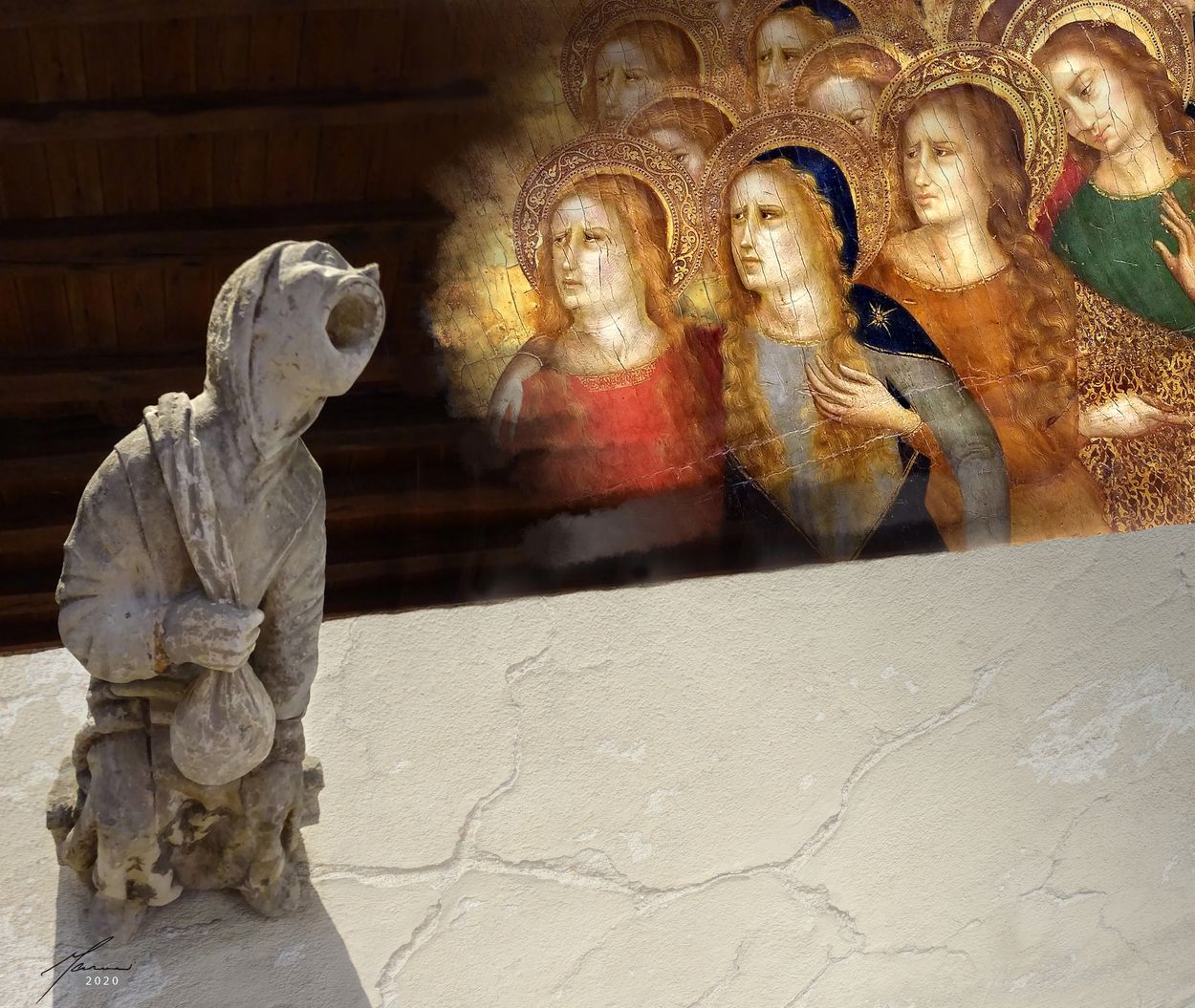 French Stone statue vocalizes to Christian Saints. Photomontage by artist and photographer Marvin Be
