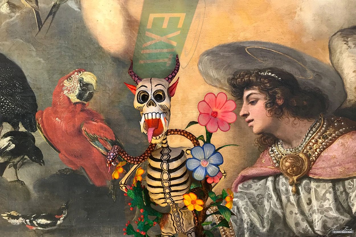 Parrot and Jesus watching the Devil, El Diablo, Exit. photomontage by Marvin Berk