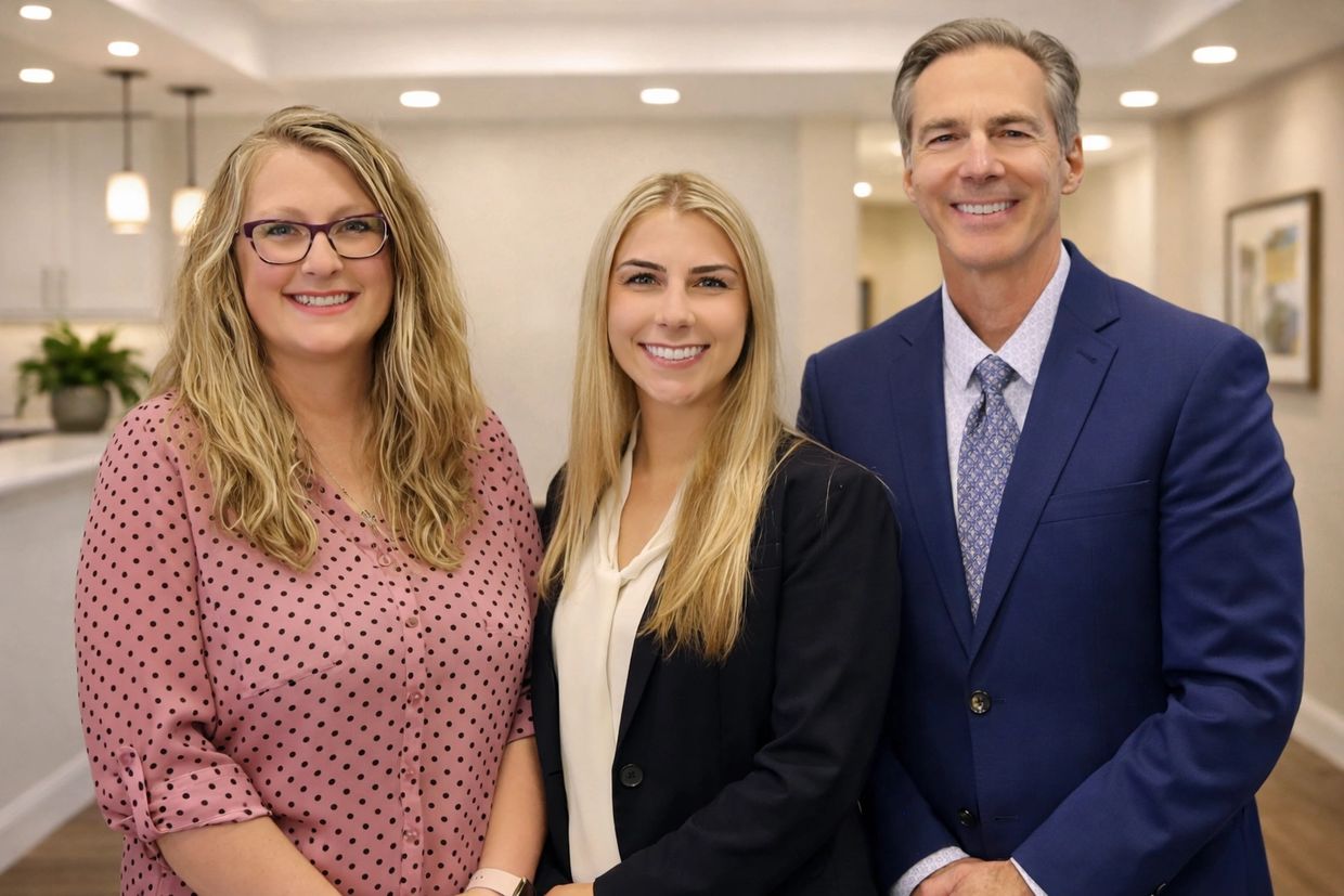 Three smiling professionals in an office setting.