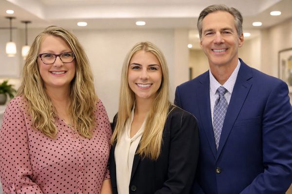 Three professionals smiling at the camera indoors.