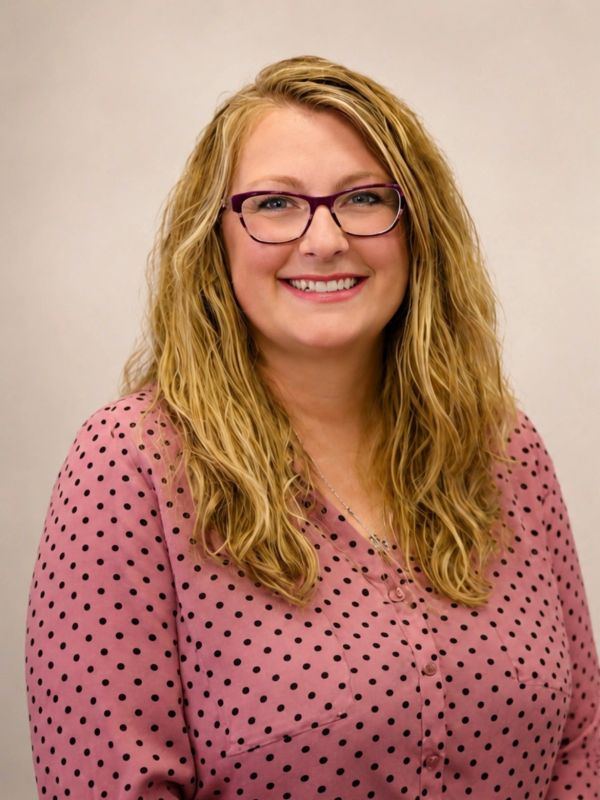 Smiling woman with glasses and curly blonde hair.