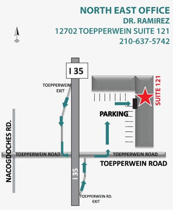 Map to Dr. Ramirez's North East Office at Suite 121 on Toepperwein Road.