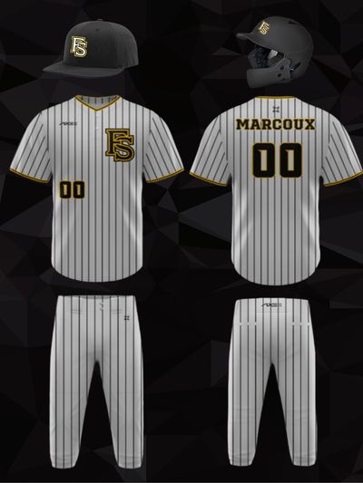 Gray pinstriped baseball uniform with black and gold accents, featuring the number 00 and name Marcoux.