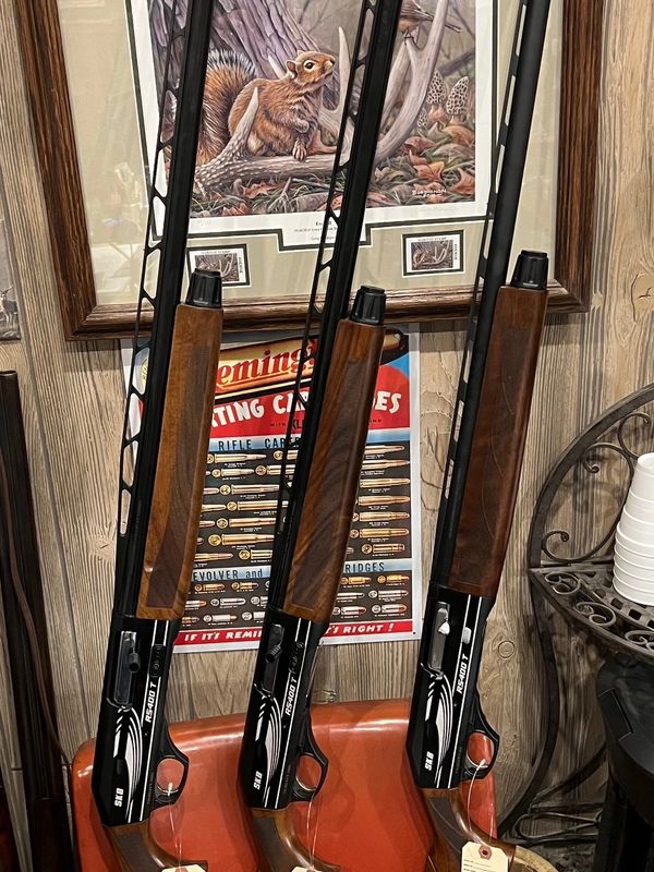 Three shotguns displayed against a wooden wall.