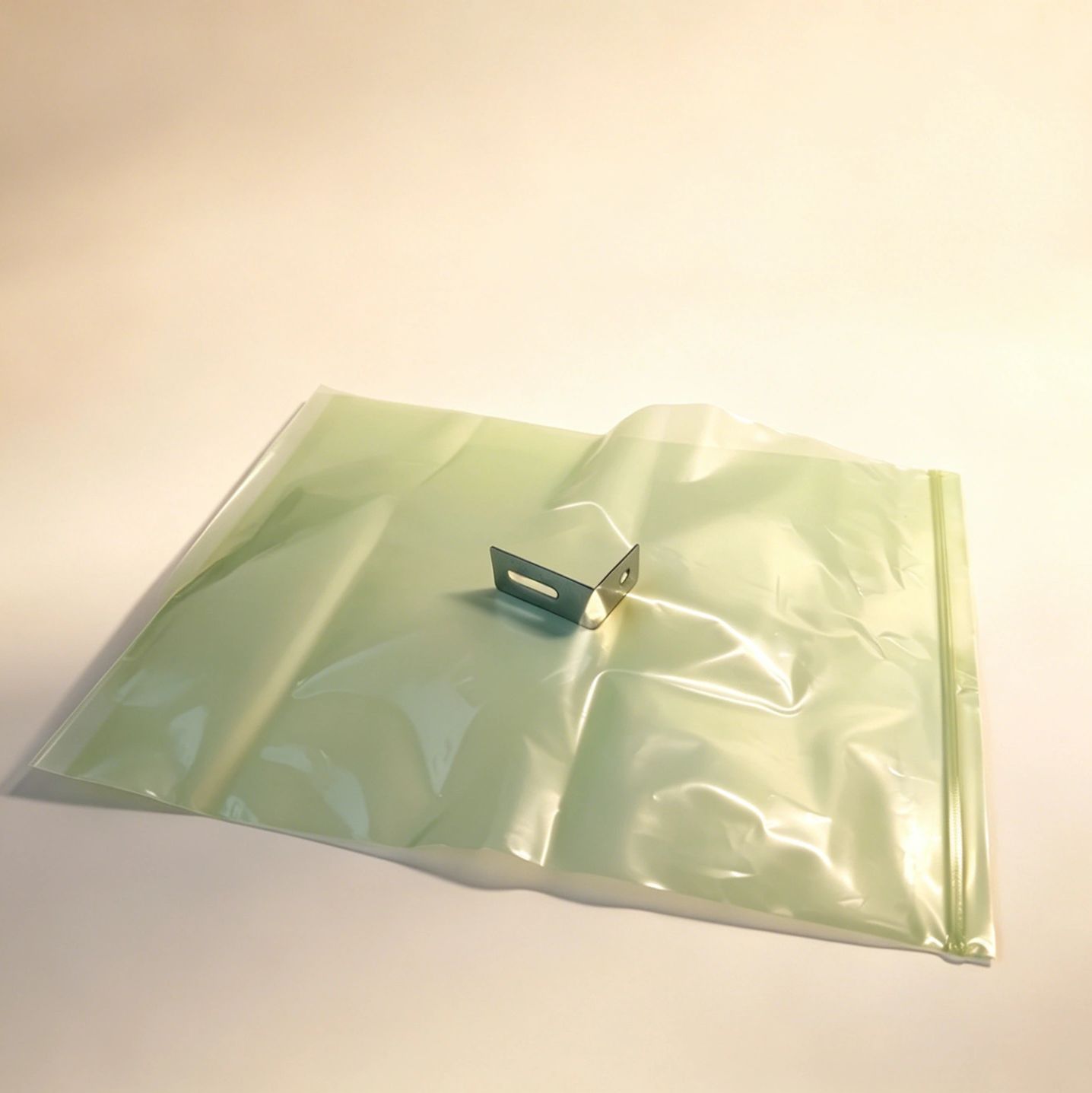 Metal corner bracket placed on a transparent resealable plastic bag.