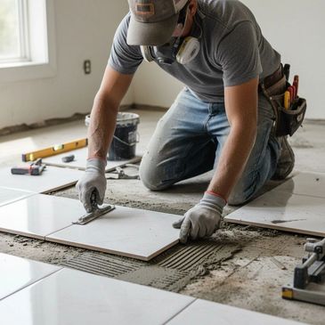 Worker installing large white floor tiles with precision.