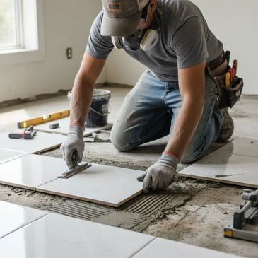 Worker installing large white floor tiles with precision.