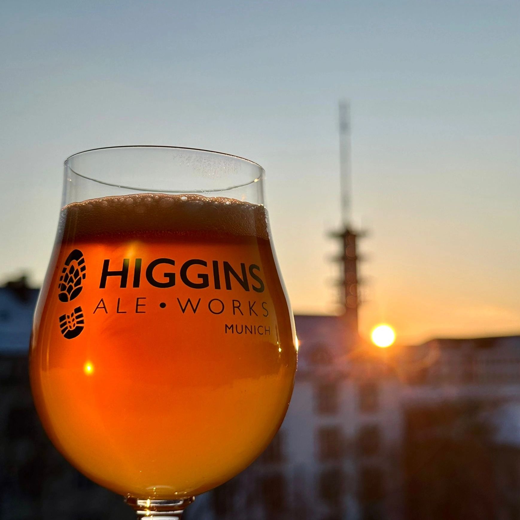 A glass of Higgins Ale during sunset with a cityscape in the background.