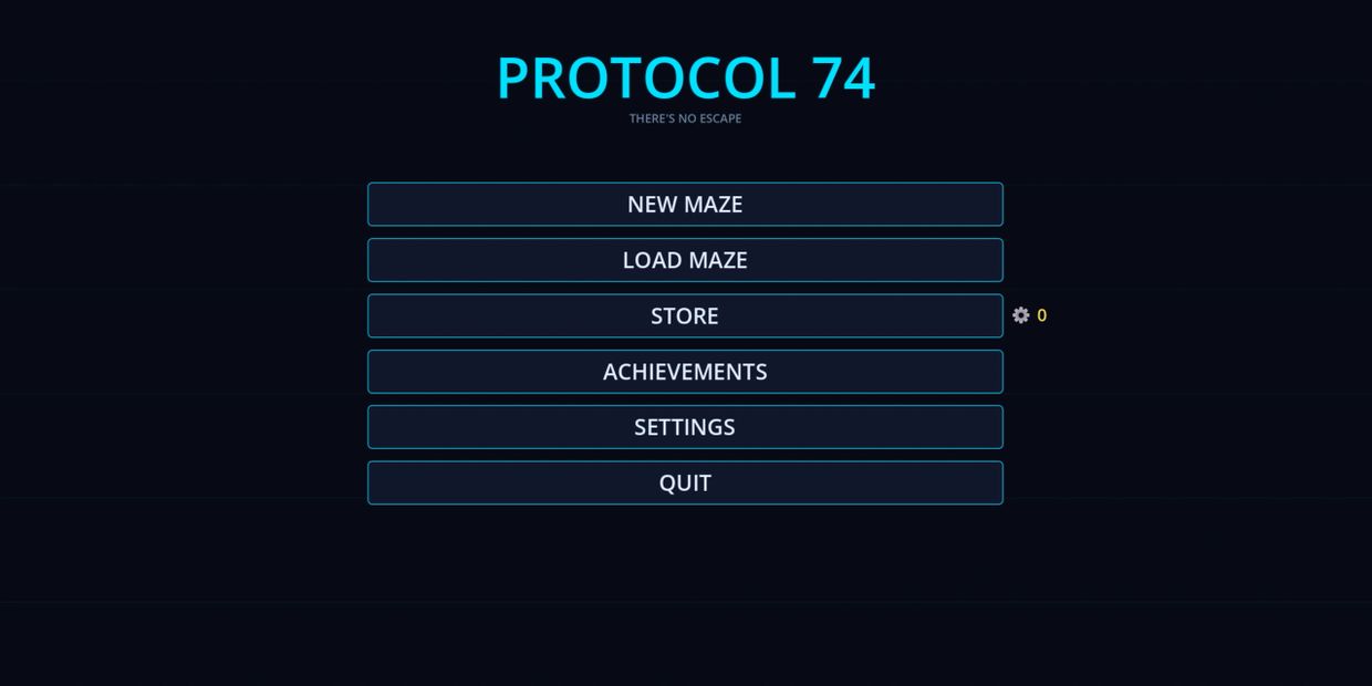 Main menu screen of a game called Protocol 74 with options for new maze, load maze, store, achievements, settings, and quit.