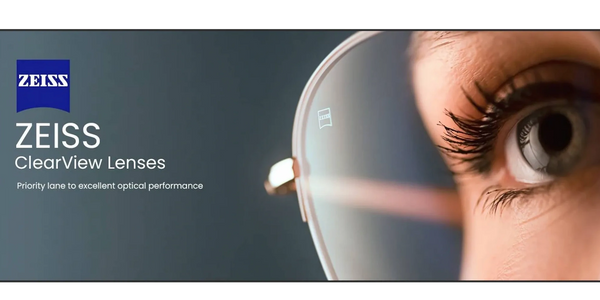 Detailed view of an eye behind a glasses lens with ZEISS ClearView branding